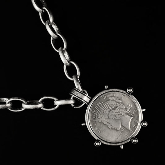 Burnished Silver Liberty Coin Statement Link Necklace - VBC