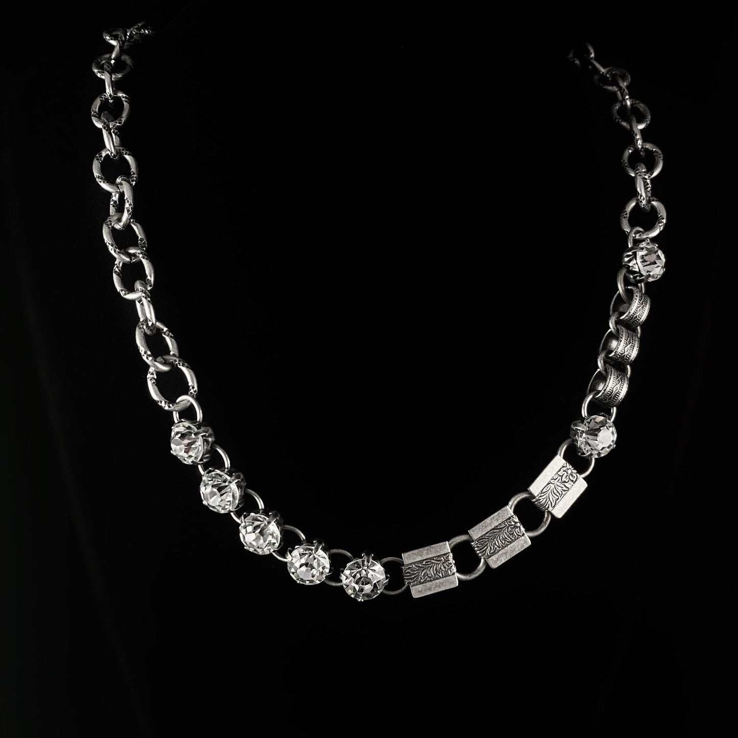 Burnished Silver Link and Chain Clear Swarovski Crystal Necklace - VBC