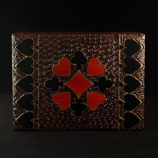 Card Suits Motif Playing Card Box, Handmade Hinged Wooden Treasure Box with Two Compartments