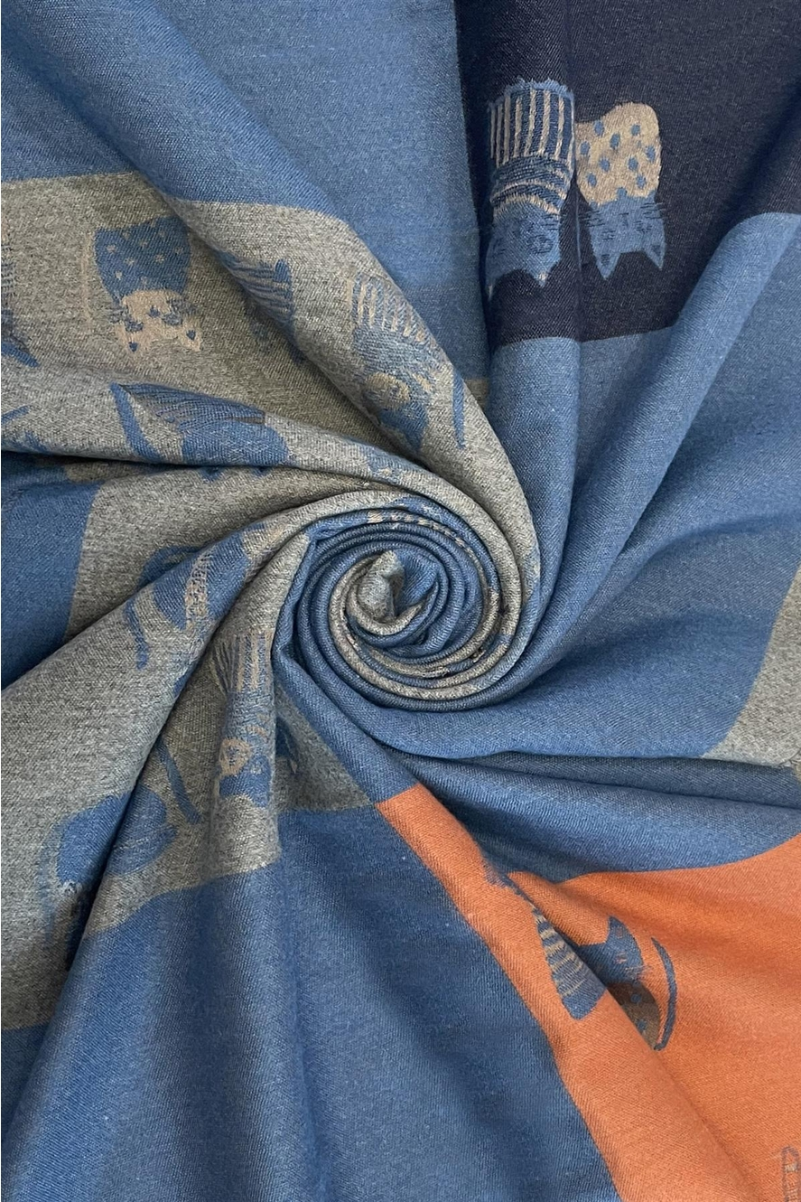 Colorblock Cat Print Reversible Frayed Scarf