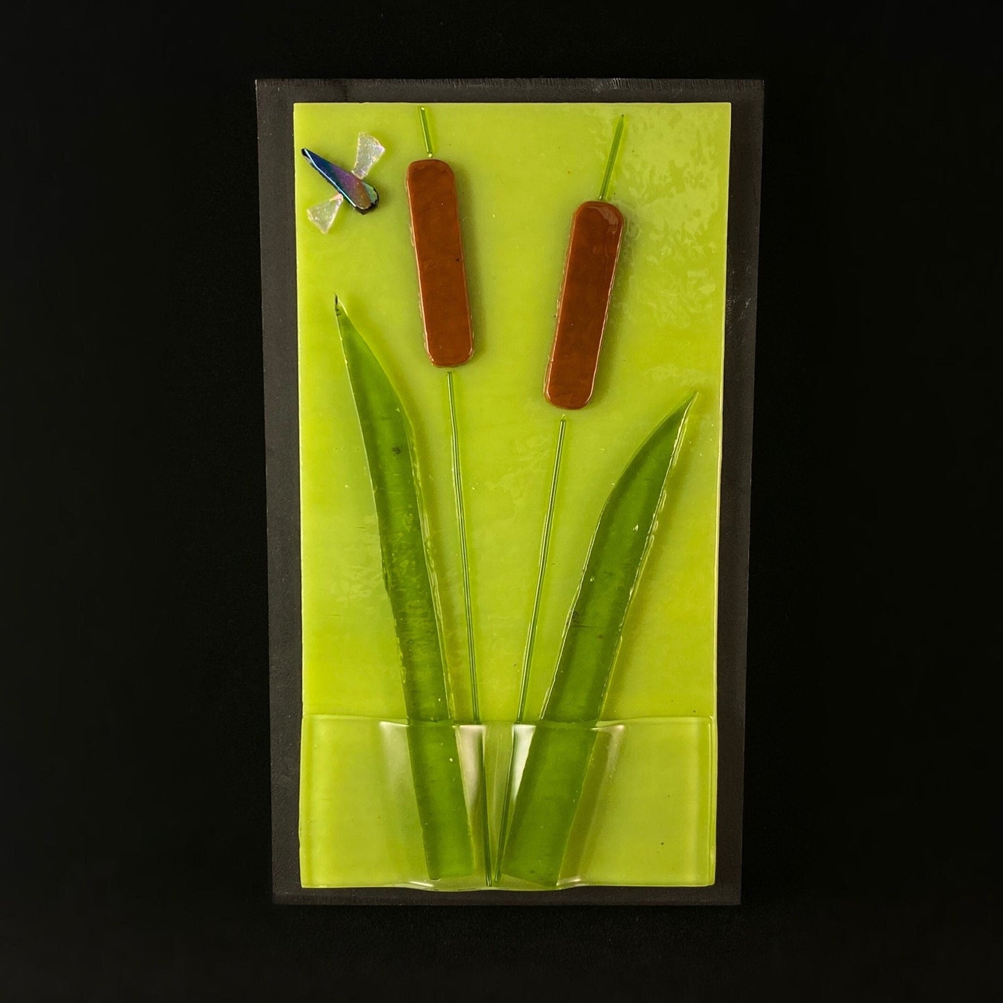 Cattails and Dragonfly Handmade Glass Wall Decor - Made in USA