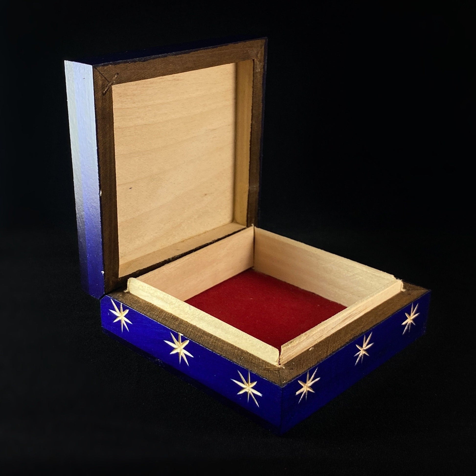 Celestial Crescent Moon and Stars Square Jewelry Box, Handmade Hinged Wooden Treasure Box