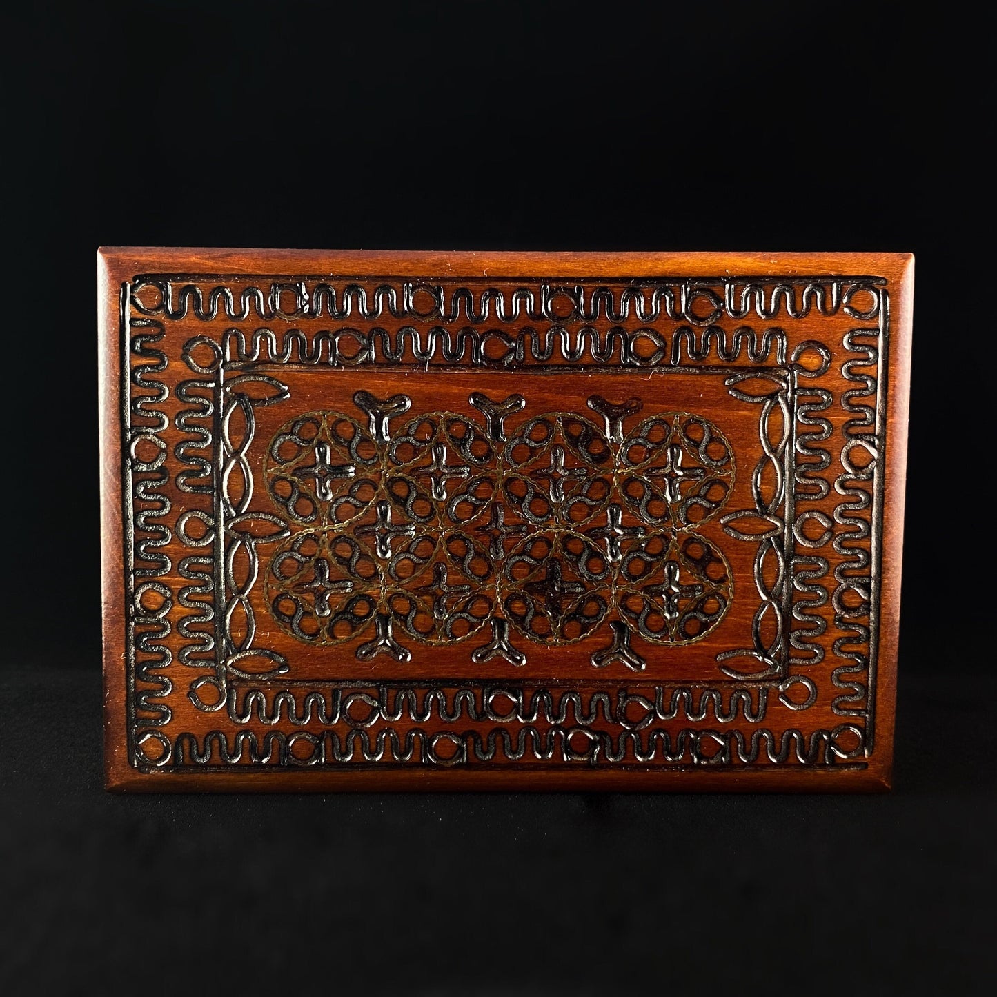 Celtic Patterned Top Jewelry Box, Handmade Hinged Wooden Treasure Box