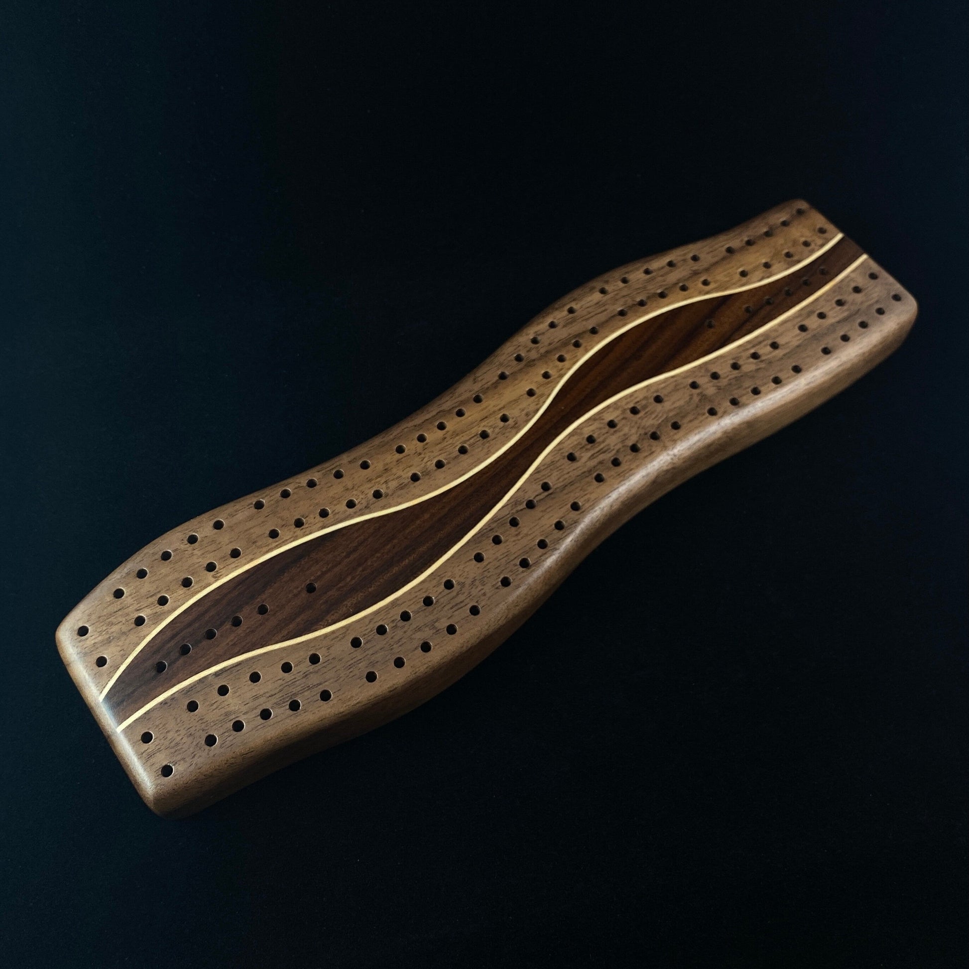 Center Wave Handmade Wooden Cribbage Board with Pegs - Walnut