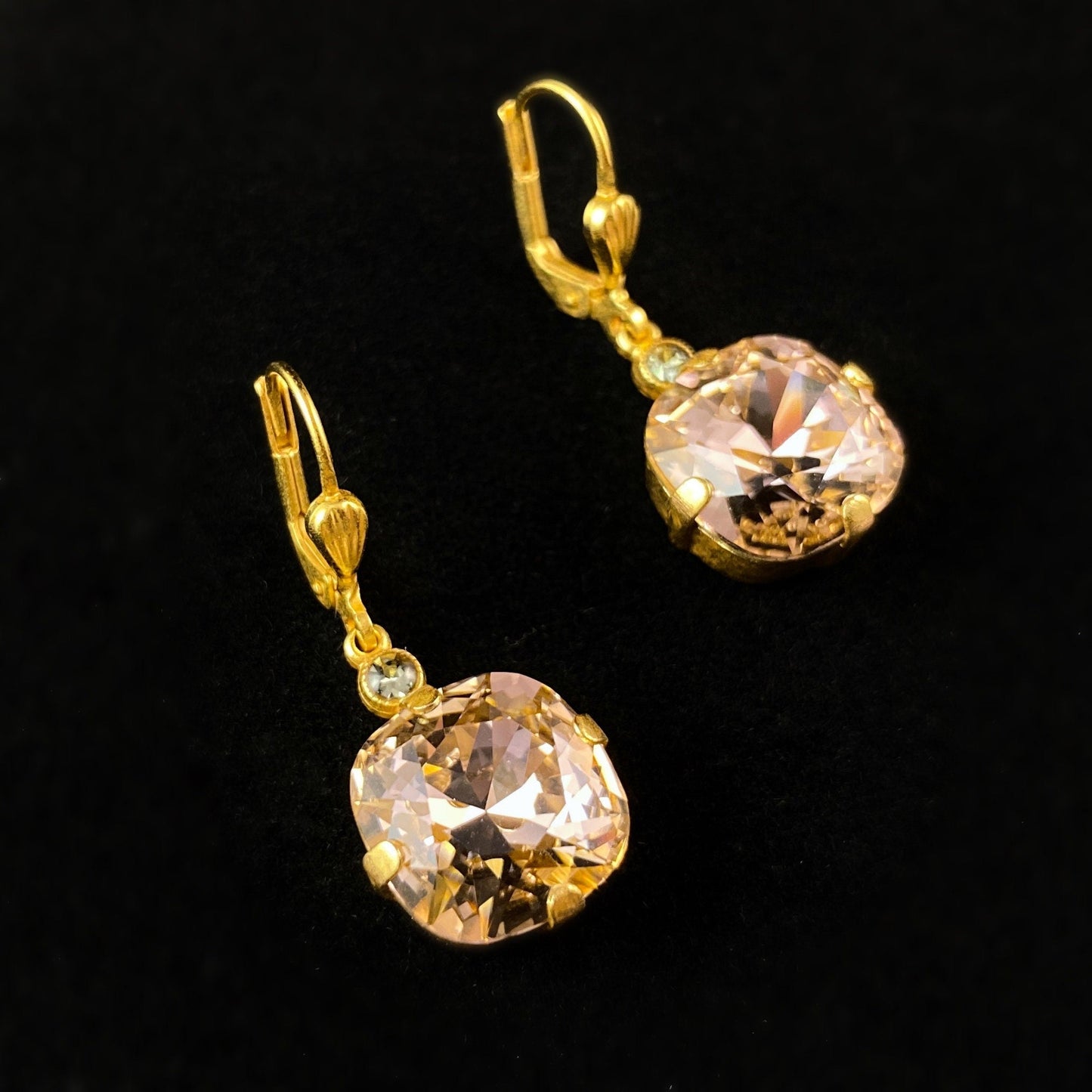 Champagne Pink Cushion Cut Swarovski Crystal Drop Earrings- La Vie Parisienne by Catherine Popesco