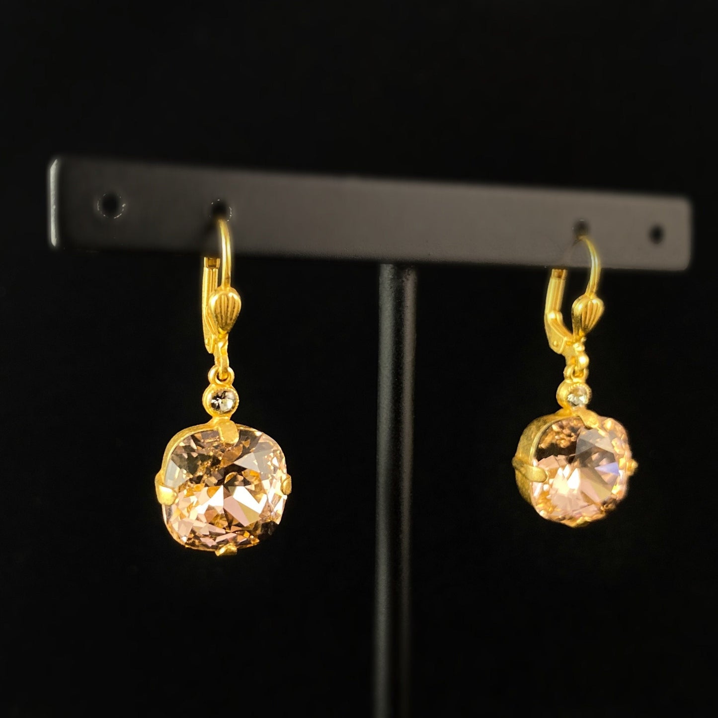 Champagne Pink Cushion Cut Swarovski Crystal Drop Earrings- La Vie Parisienne by Catherine Popesco