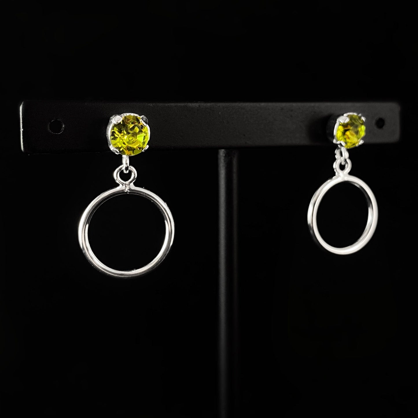 Chartreuse Crystal Circle Accent Silver Minimalist Stud Earrings - Handmade, Nickel Free - Ulla