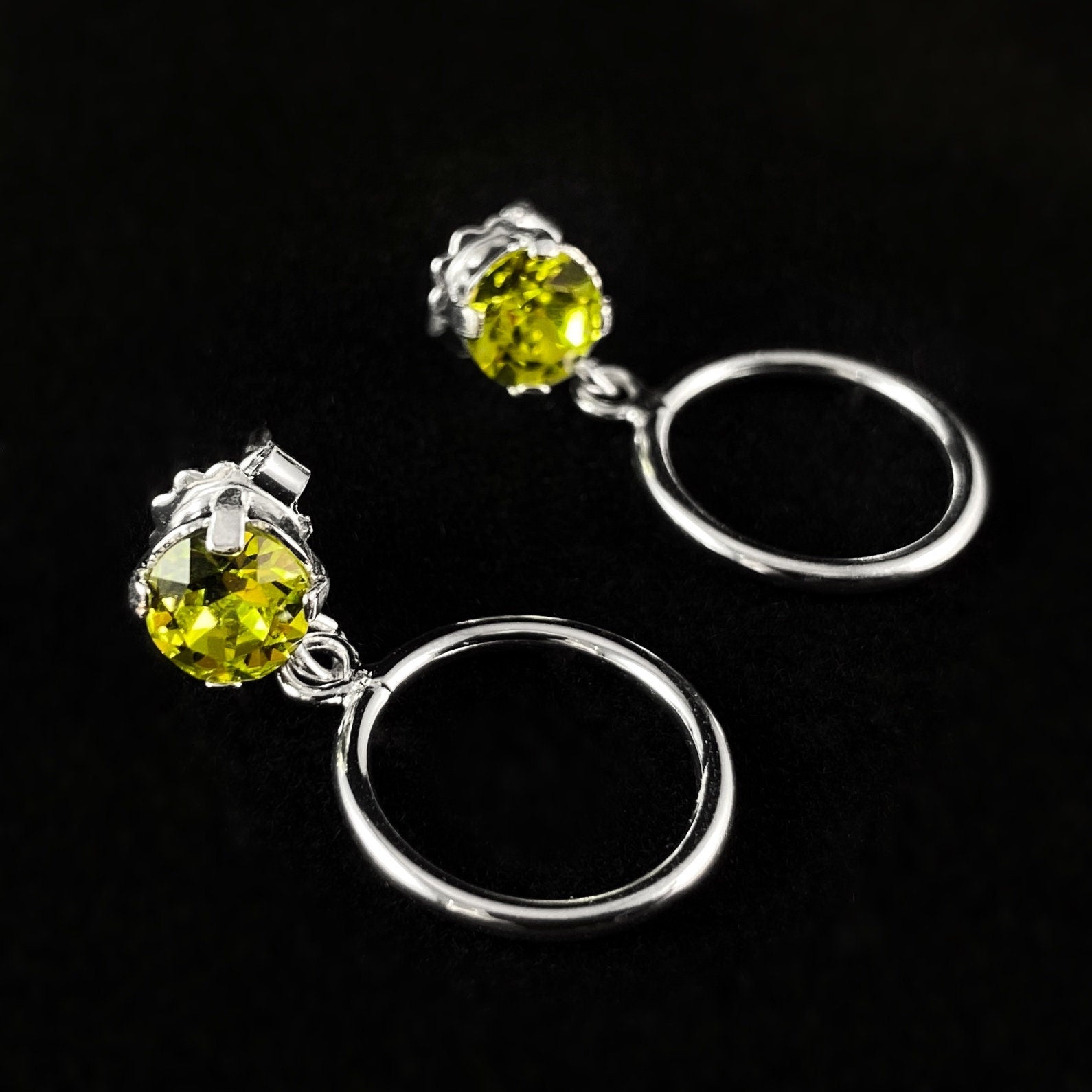 Chartreuse Crystal Circle Accent Silver Minimalist Stud Earrings - Handmade, Nickel Free - Ulla
