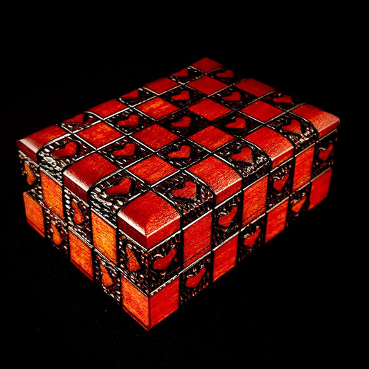 Checkerboard Hearts Jewelry Box, Handmade Hinged Wooden Treasure Box