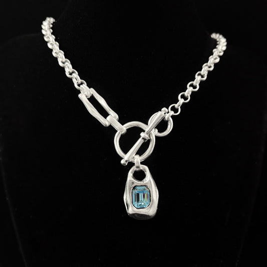 Chunky Abstract Silver Necklace with Blue Crystal Accent, Handmade, Nickel Free