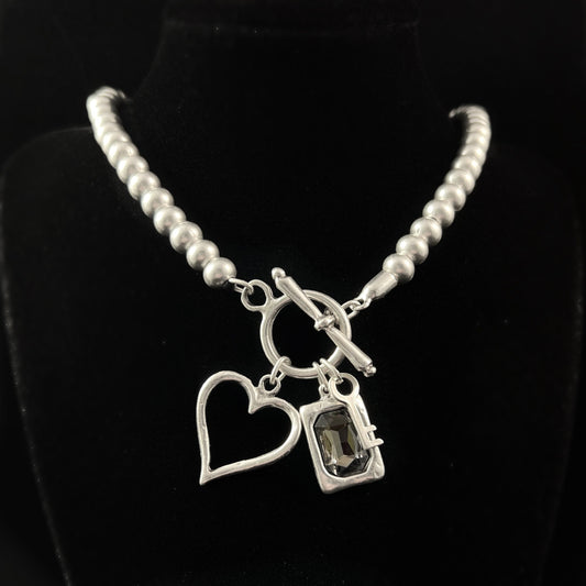 Chunky Abstract Silver Necklace with Crystal, Key, and Heart Charms, Handmade, Nickel Free