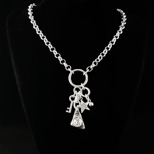 Chunky Abstract Silver Necklace with Crystal, Key, and Star Charms, Handmade, Nickel Free - Noir