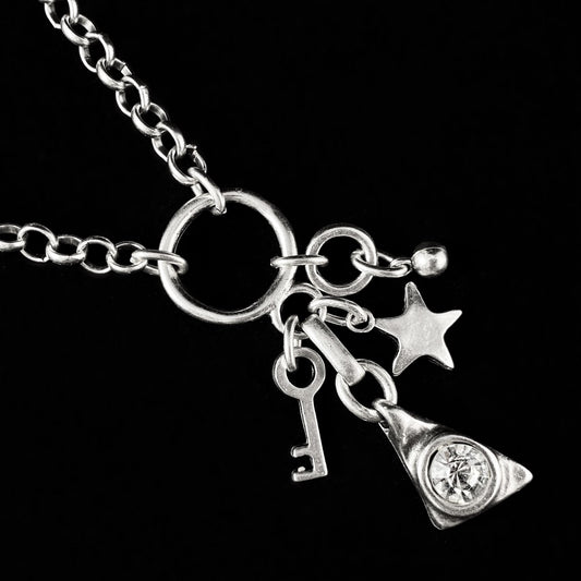 Chunky Abstract Silver Necklace with Crystal, Key, and Star Charms, Handmade, Nickel Free - Noir