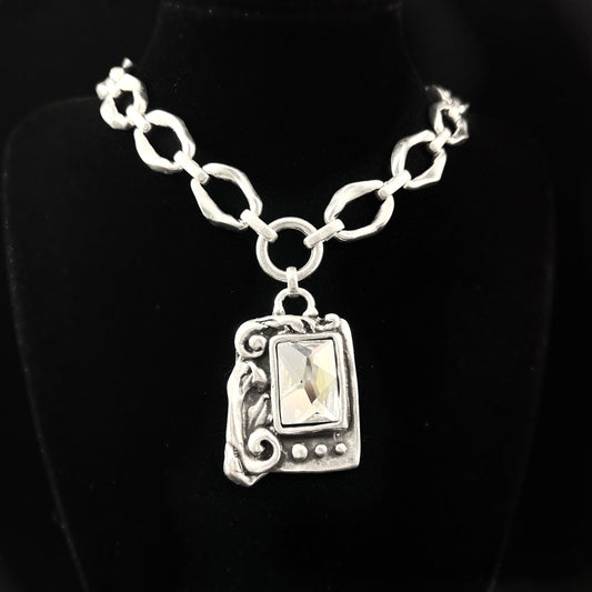 Chunky Abstract Silver Necklace with Crystal Window Pendant, Handmade, Nickel Free