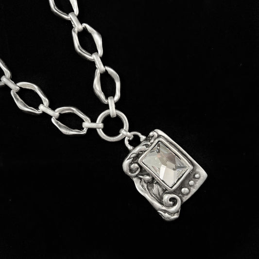 Chunky Abstract Silver Necklace with Crystal Window Pendant, Handmade, Nickel Free