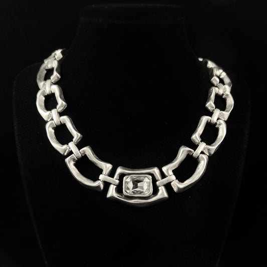Chunky Abstract Silver Necklace with Rectangular Crystal Accent, Handmade, Nickel Free
