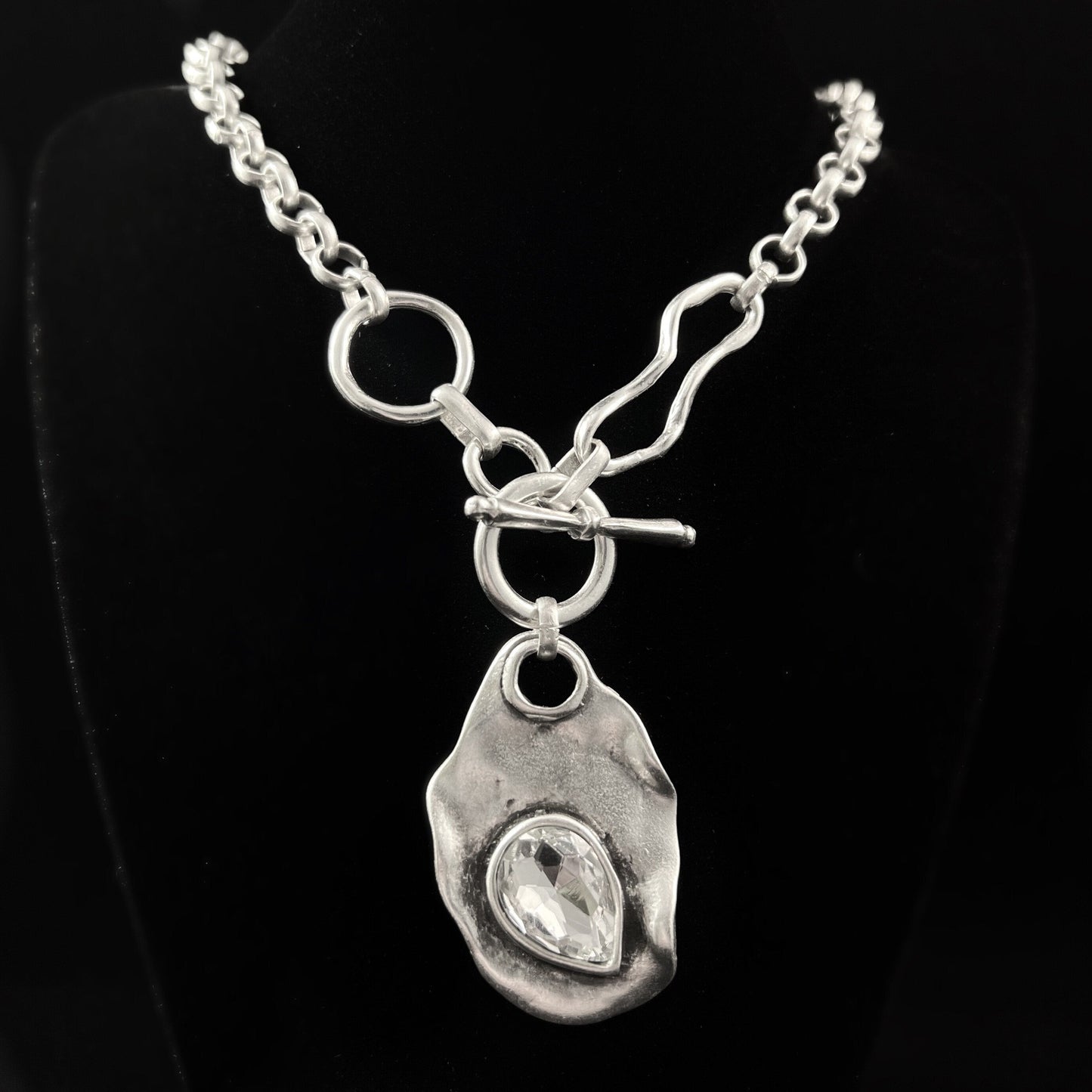 Chunky Abstract Silver Necklace with Teardrop Crystal Accent, Handmade, Nickel Free