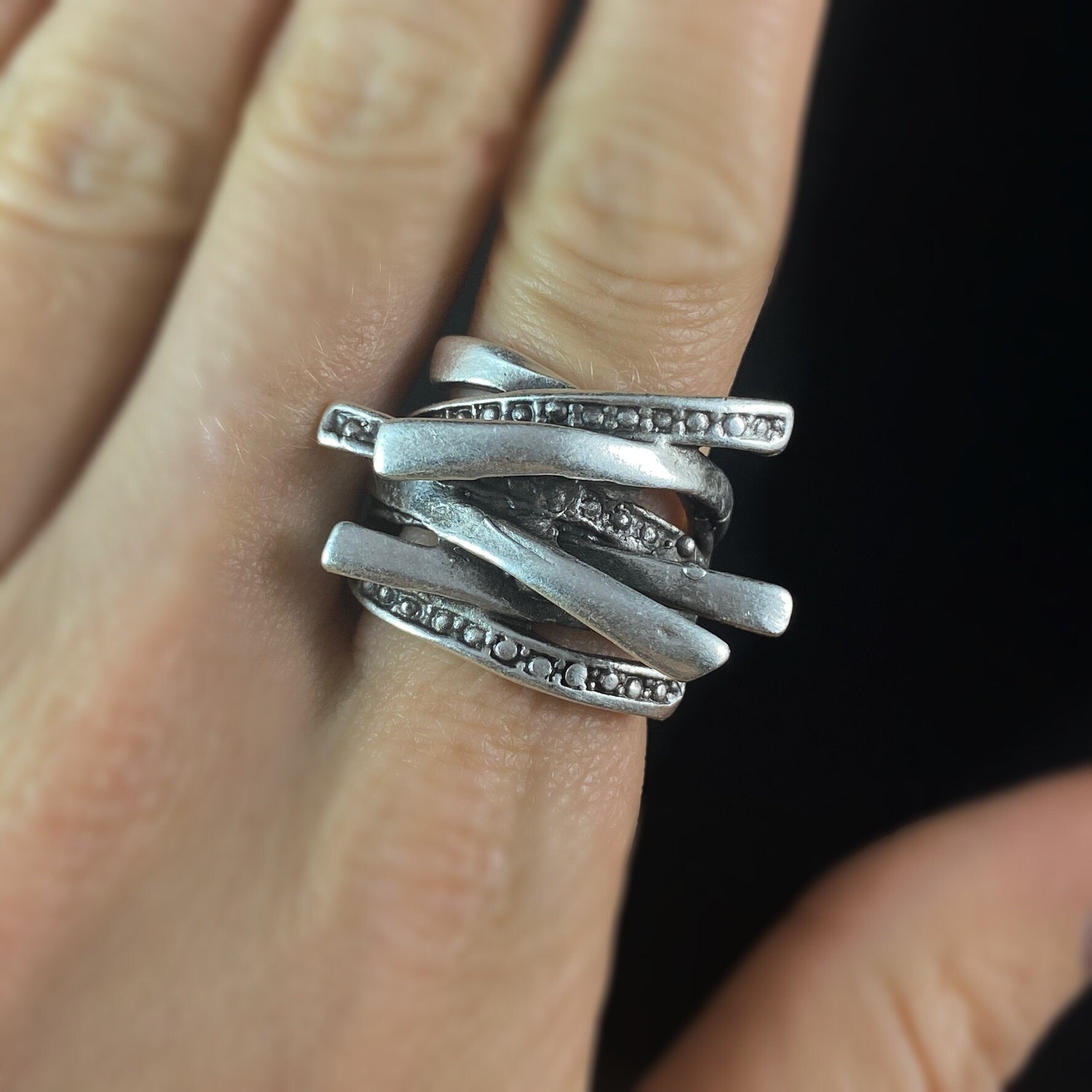 Chunky Adjustable Silver Criss Cross Ring, Handmade, Nickel Free - Noir