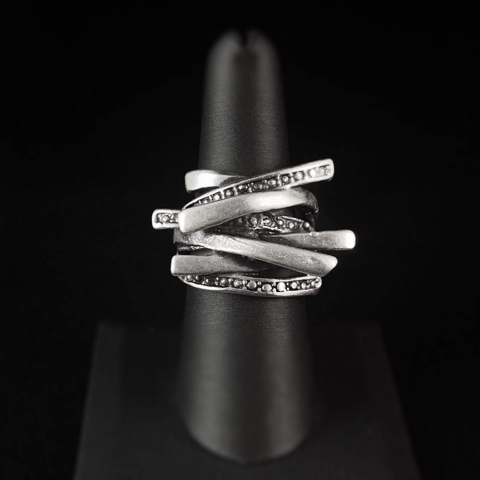 Chunky Adjustable Silver Criss Cross Ring, Handmade, Nickel Free - Noir