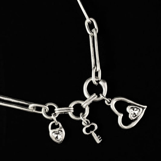 Chunky Chain Link Silver Necklace with Heart and Key Charms, Handmade, Nickel Free - Noir