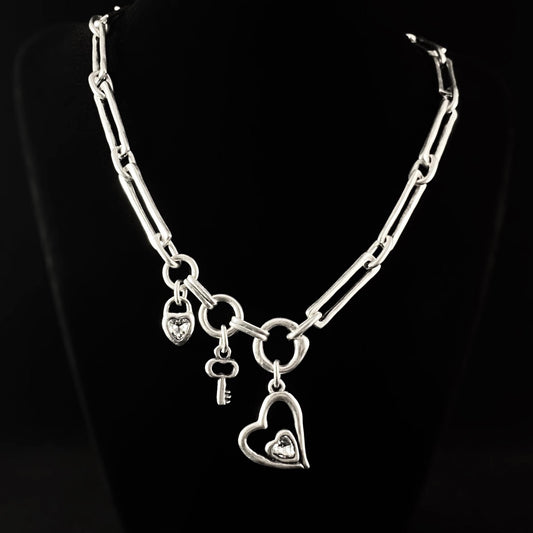 Chunky Chain Link Silver Necklace with Heart and Key Charms, Handmade, Nickel Free - Noir