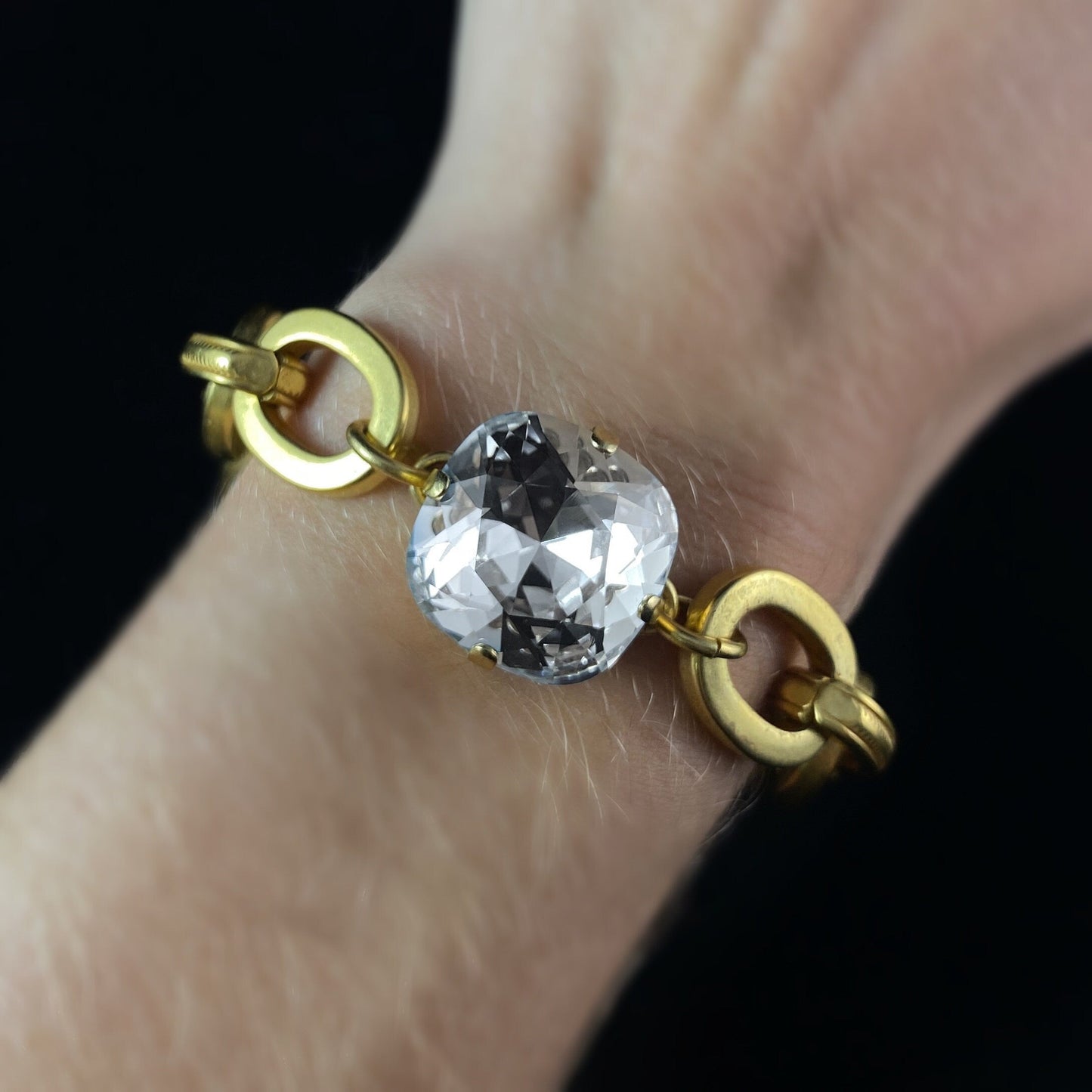 Chunky Gold Chain Bracelet with Large Cushion Cut Clear Swarovski Crystal - La Vie Parisienne by Catherine Popesco