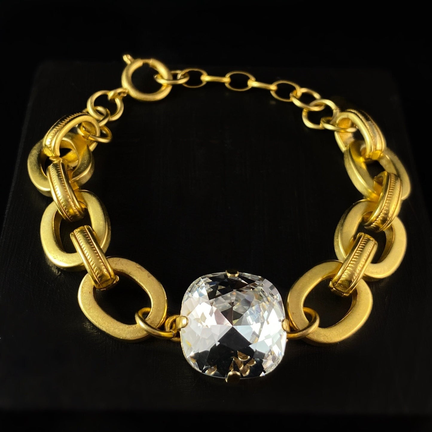 Chunky Gold Chain Bracelet with Large Cushion Cut Clear Swarovski Crystal - La Vie Parisienne by Catherine Popesco