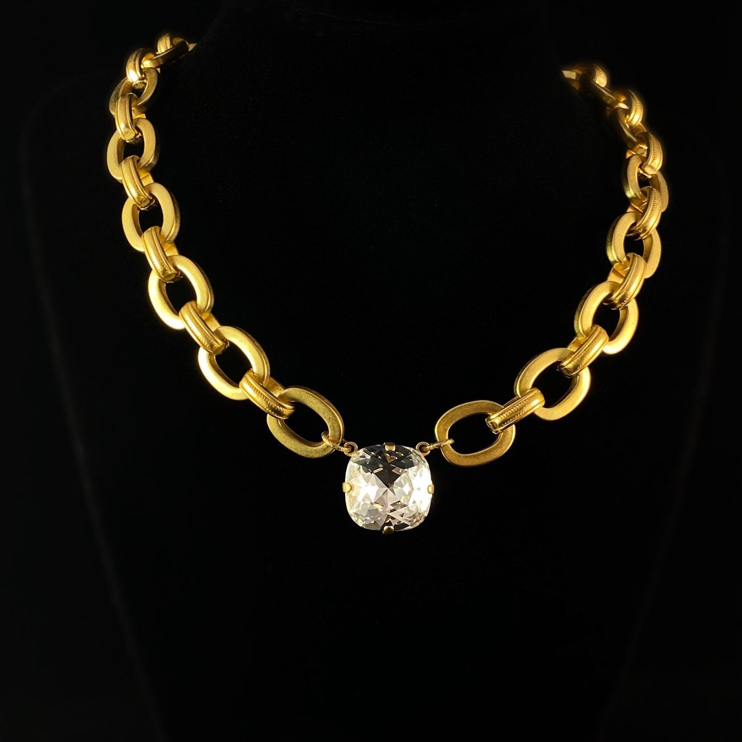 Chunky Gold Chain Necklace with Cushion Cut Clear Swarovski Crystal - La Vie Parisienne by Catherine Popesco