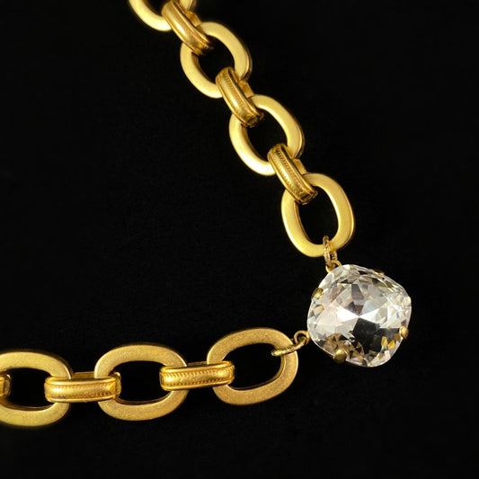 Chunky Gold Chain Necklace with Cushion Cut Clear Swarovski Crystal - La Vie Parisienne by Catherine Popesco