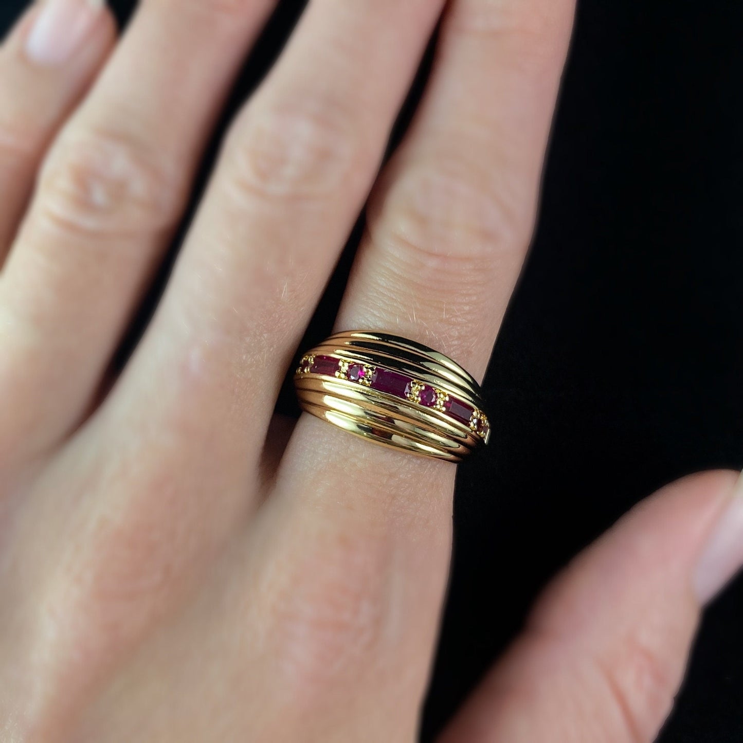 Chunky Gold Dome Ring with Ruby Red Stones - Inner Light, Size 7