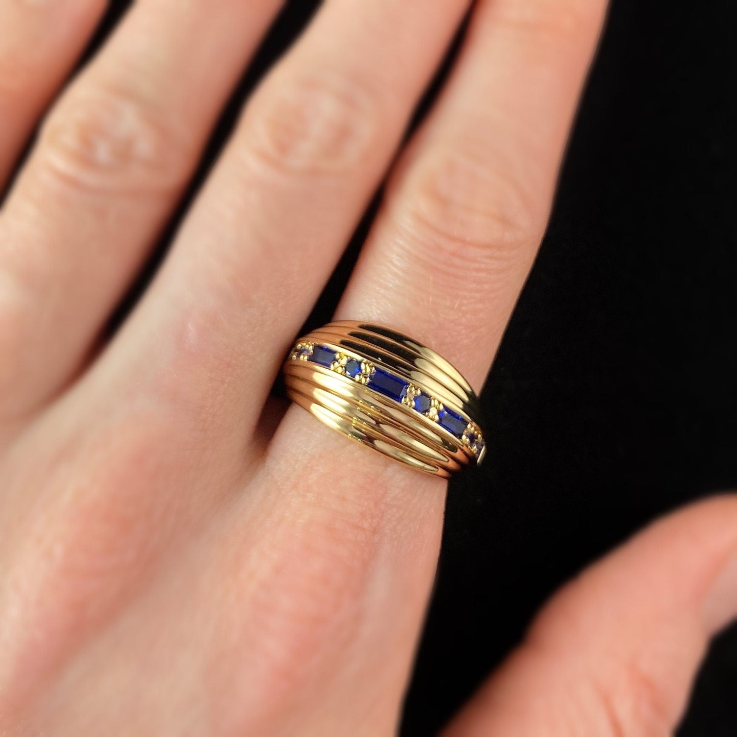 Chunky Gold Dome Ring with Sapphire Blue Stones - Inner Light, Size 7