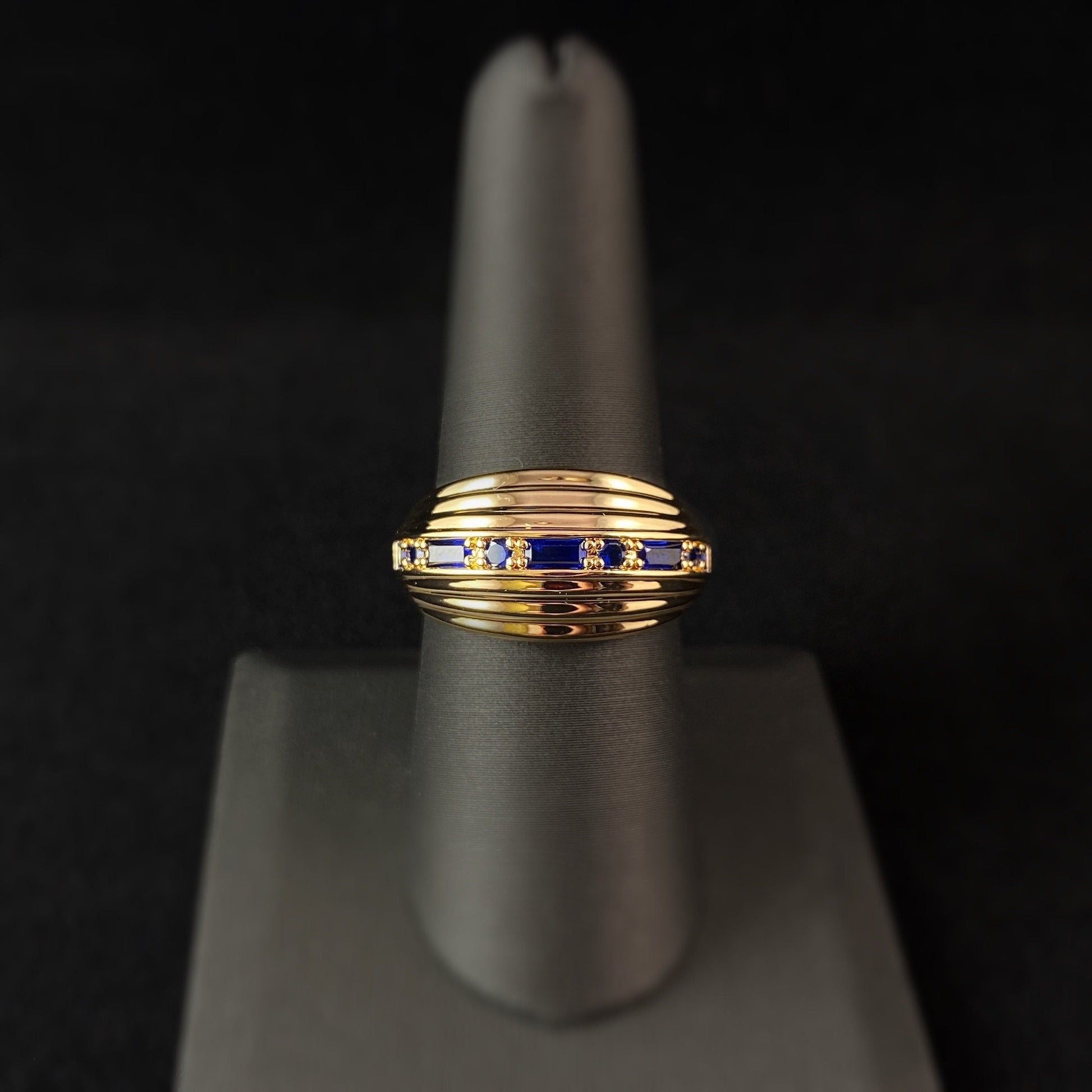 Chunky Gold Dome Ring with Sapphire Blue Stones - Inner Light, Size 7