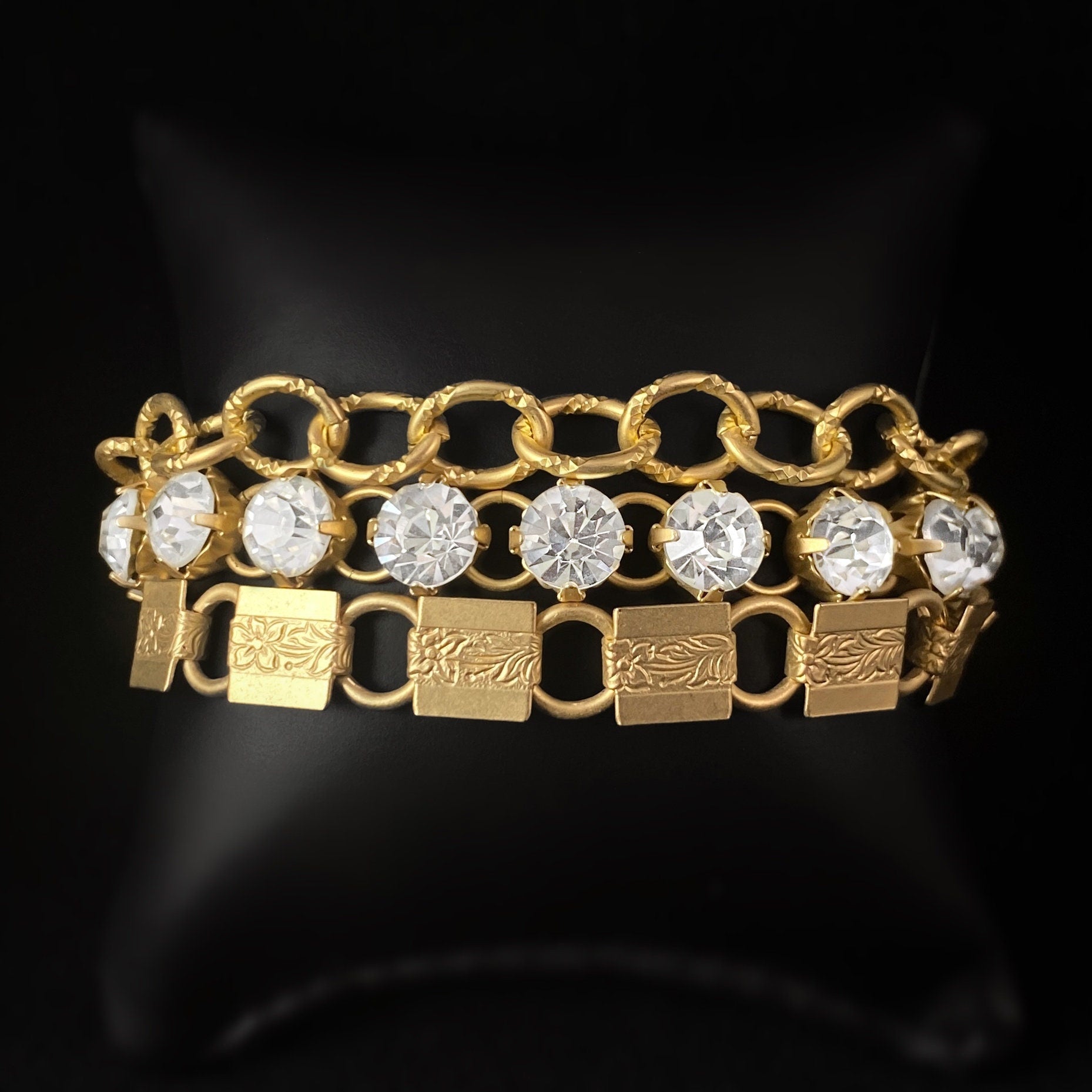 Chunky Gold Multi Chain Link and Clear Swarovski Crystal Statement Bracelet - VBC