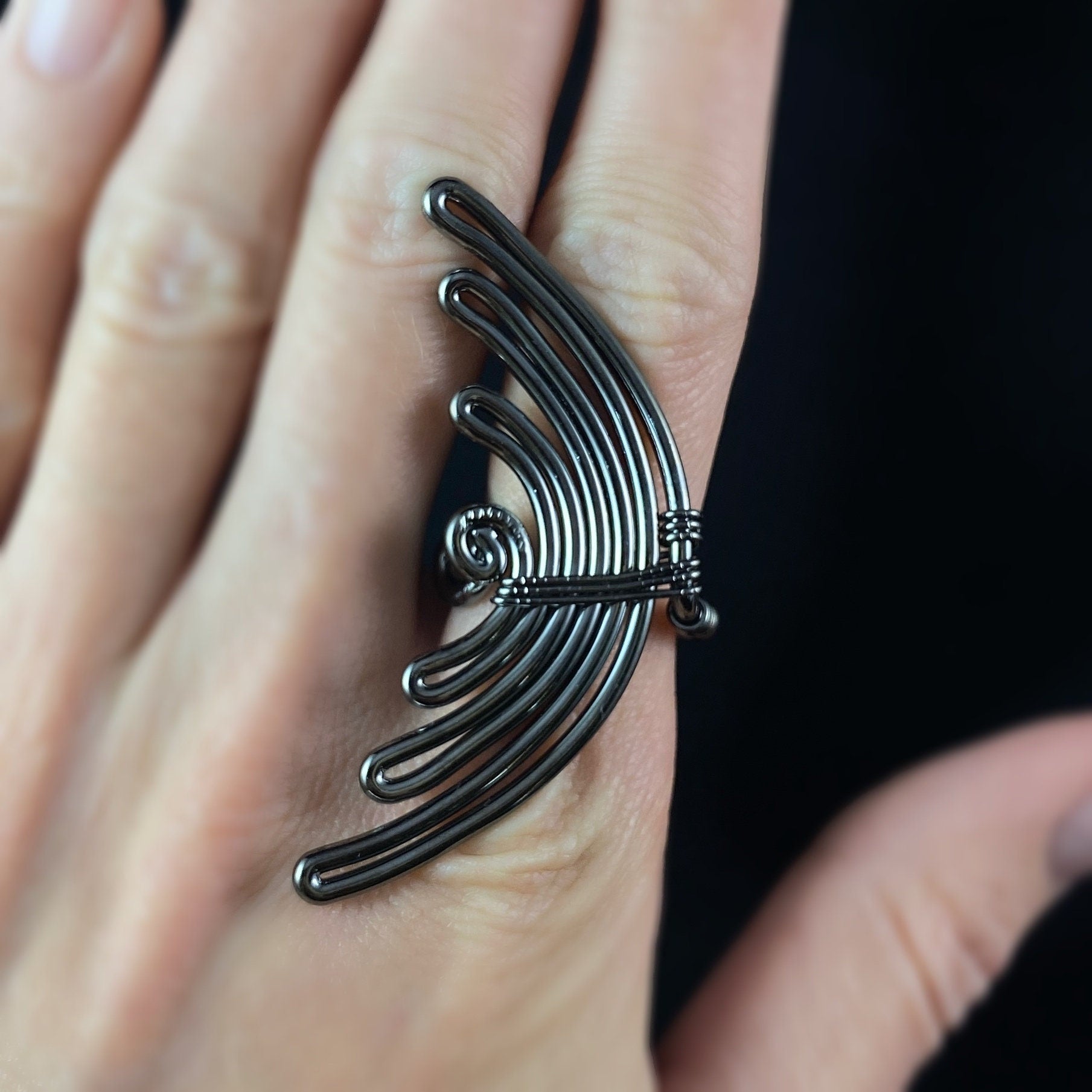 Chunky Gunmetal Statement Wing Ring, Handmade, Nickel Free
