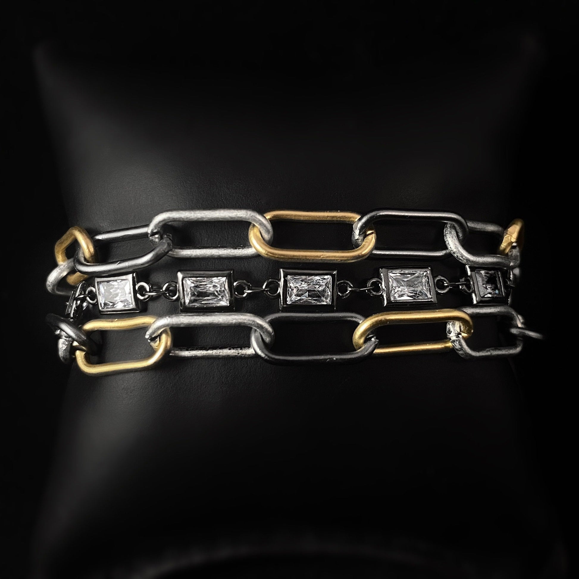 Chunky Silver and Gold Multi Chain Link and Clear Rectangle Swarovski Crystal Statement Bracelet - VBC