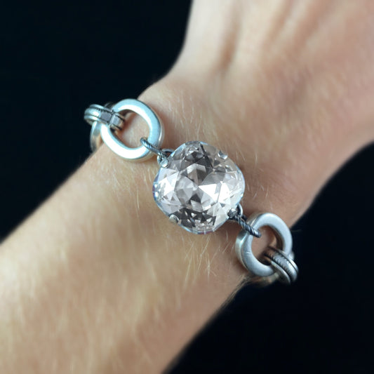 Chunky Silver Chain Bracelet with Large Cushion Cut Clear Swarovski Crystal - La Vie Parisienne by Catherine Popesco