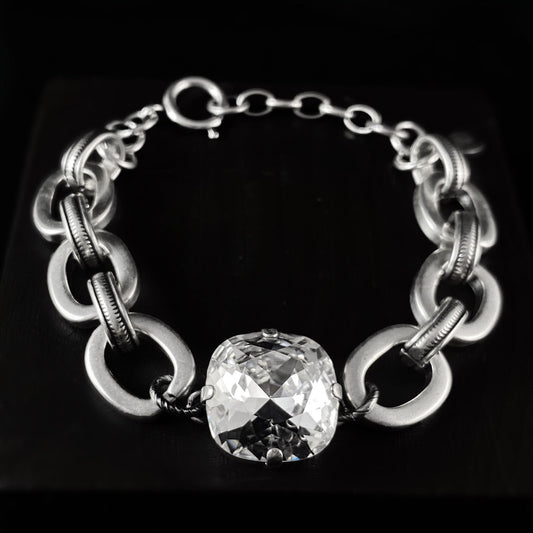 Chunky Silver Chain Bracelet with Large Cushion Cut Clear Swarovski Crystal - La Vie Parisienne by Catherine Popesco