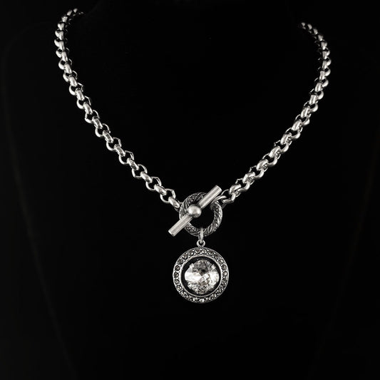 Chunky Silver Chain Necklace with Cushion Cut Clear Swarovski Crystal and Toggle Closure - La Vie Parisienne by Catherine Popesco