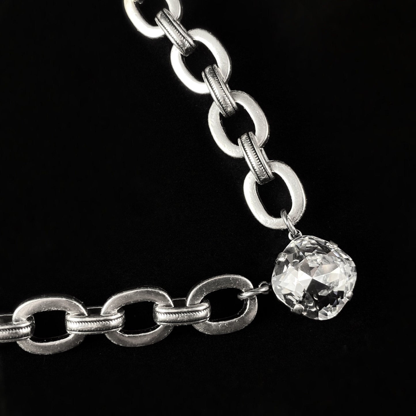 Chunky Silver Chain Necklace with Cushion Cut Clear Swarovski Crystal - La Vie Parisienne by Catherine Popesco