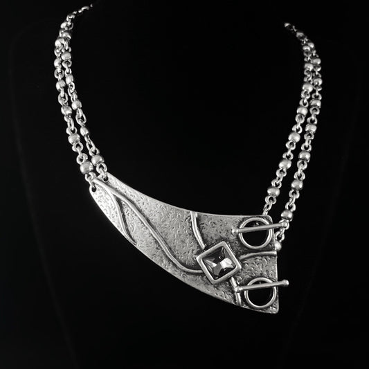Chunky Silver Necklace with Crystal and Toggles, Handmade, Nickel Free - Noir