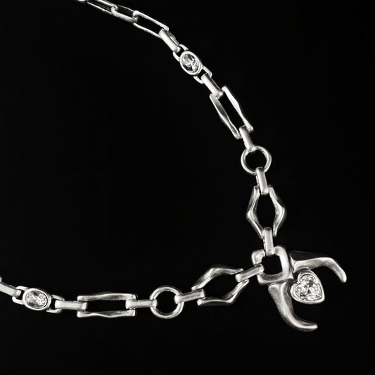 Chunky Silver Necklace with Crystal Heart Pendant, Handmade, Nickel Free - Noir