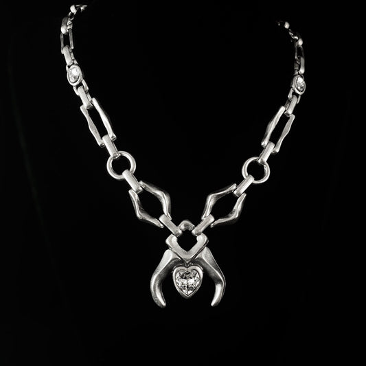 Chunky Silver Necklace with Crystal Heart Pendant, Handmade, Nickel Free - Noir