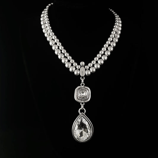 Chunky Silver Necklace with Large Teardrop Crystal Pendant, Handmade, Nickel Free - Noir