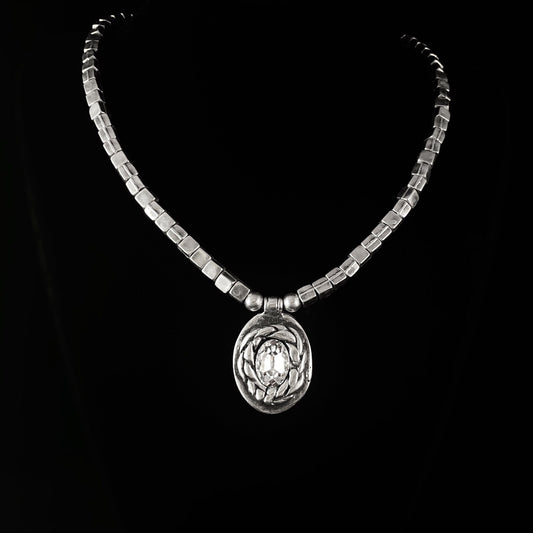 Chunky Silver Necklace with Oval Crystal Pendant and Beaded Chain, Handmade, Nickel Free - Noir