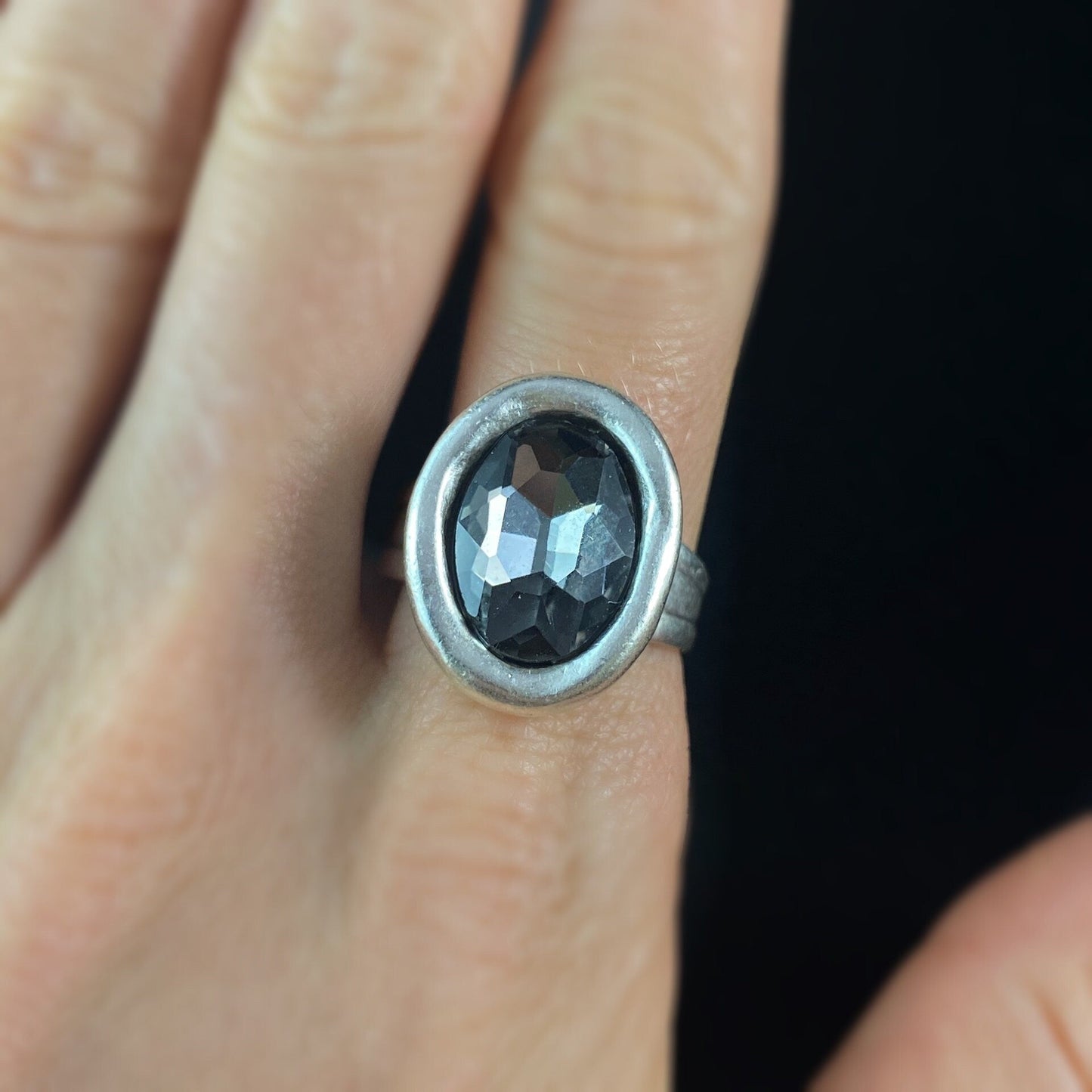 Chunky Silver Ring with Smokey Colored Crystal, Handmade, Nickel Free - Noir