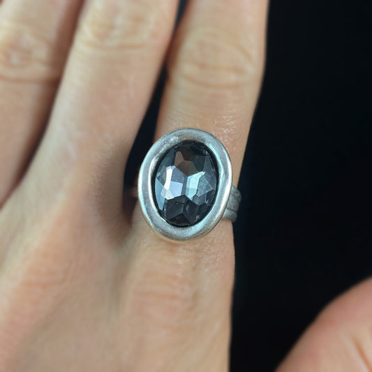 Chunky Silver Ring with Smokey Colored Crystal, Handmade, Nickel Free - Noir