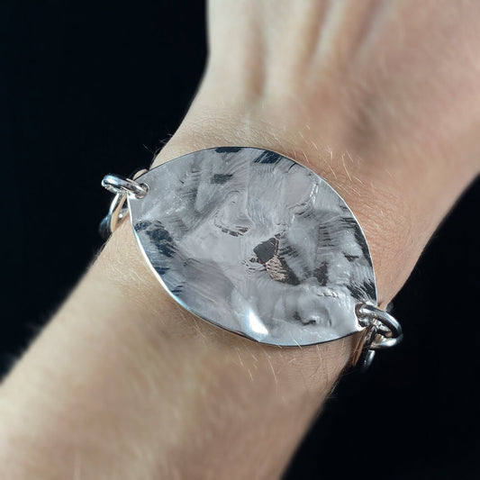 Chunky Silver Statement Bracelet with Large Leaf Charm - Handmade Nickel Free Ulla Jewelry