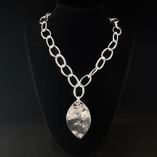 Chunky Silver Statement Necklace with Large Leaf Pendant - Handmade Nickel Free Ulla Jewelry