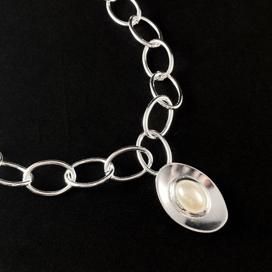 Chunky Silver Statement Necklace with Large Oval Pendant - Handmade Nickel Free Ulla Jewelry