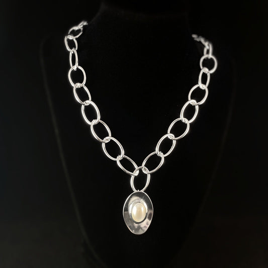 Chunky Silver Statement Necklace with Large Oval Pendant - Handmade Nickel Free Ulla Jewelry
